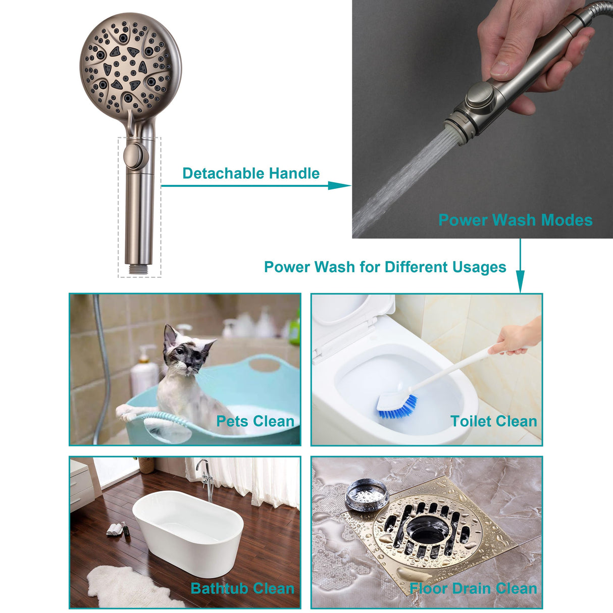 GwernKB Brushed Nickel Shower Heads Handheld with On Off Switch,8-Mode High Pressure Shower Wand with 79In Stainless Steel Hose&Bracket PLUS Low-Reach Adhesive Wall Mount Holder for Kids&Elderly