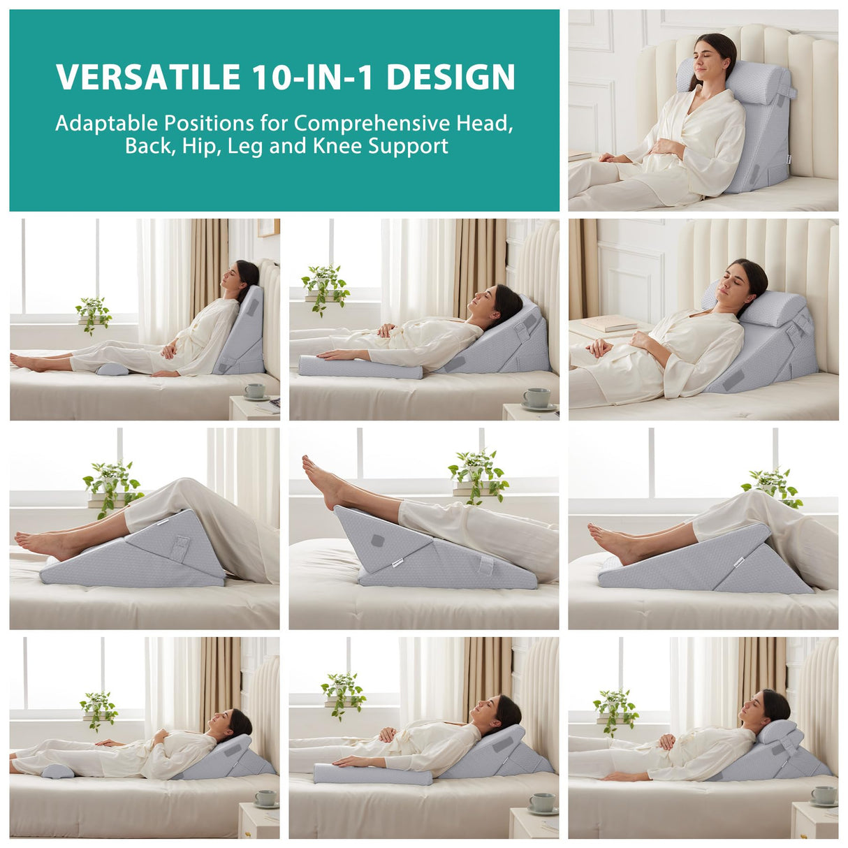 Bedluxe 3Pcs Orthopedic Bed Wedge Pillow Set, Foam Wedge Pillow Post Surgery for Back, Leg and Knee Support, Adjustable 9&12 Inch Folding Triangle Pillow for Sleeping, Acid Reflux, Snoring, Light Grey