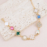 Gold Clover Charm Link Bracelet for Women Cute Colorful Geometric Diamond Mother of Pearl Lucky Four Leaf Clover Bracelet Enamel Crystal Rhinestone Statement Bracelet Adjustable Party Jewelry Gift