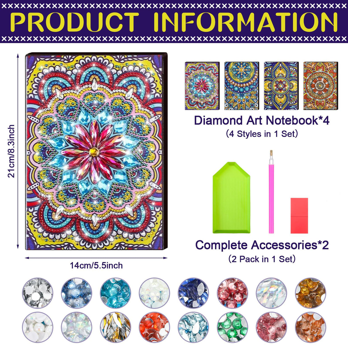 Ctosree 4 Pcs Diamond Art Notebook Kits for Adults 8.3'' x 5.7'' 5d Leather Painting Journals DIY Mandala Flower Gem Dots Sketchbook Craft for Men Women Birthday Gift Christmas with Tools