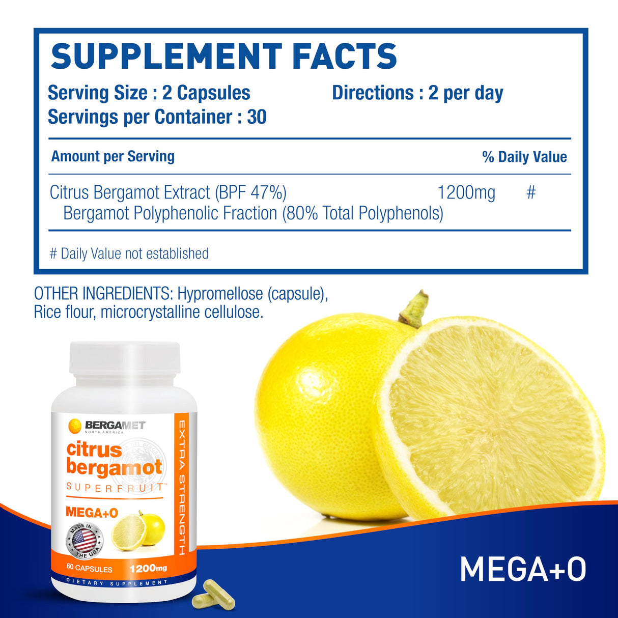 BergaMet Citrus Bergamot Supplement, 170:1 Extract, 1200mg per Serving, 80% Polyphenols, Italian Citrus Bergamot Supplement for High Cholesterol, 120 Capsules, 2 Months, Made in The USA