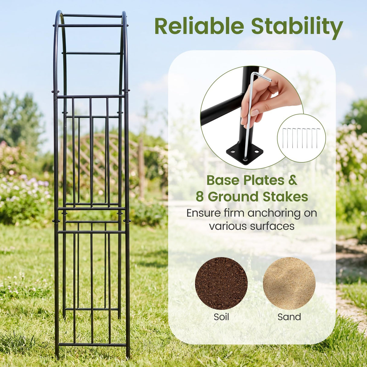 Giantex 86'' Metal Garden Arch, Outdoor Arbor Trellis with 8 Ground Stakes