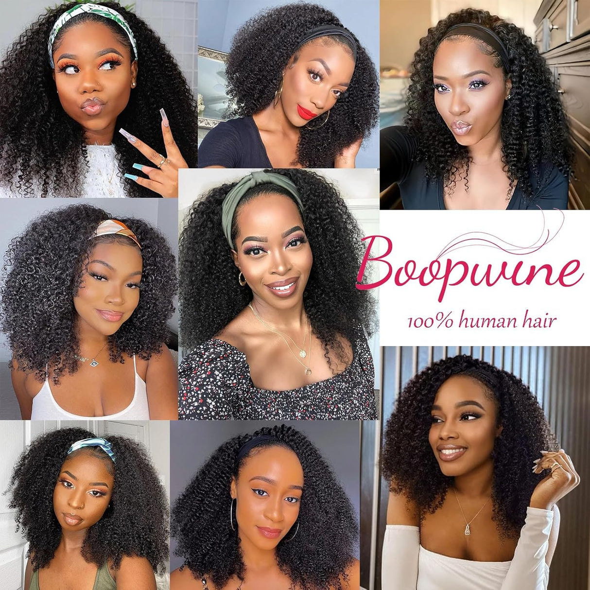 Kinky Curly Headband Wig Human Hair 20 Inch Headband Wigs for Women Human Hair Glueless None Lace Front Curly Wave Wigs Brazilian Virgin Hair Wear and Go Glueless Wig 150% Density Natural Black Color