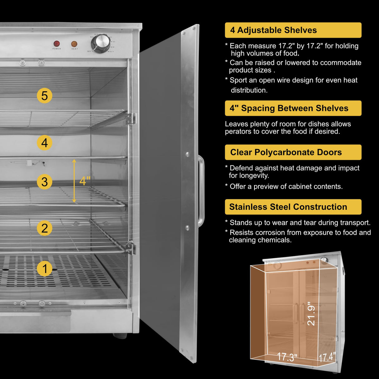 5-Shelf Electric Hot Box Food Warmer Accommodating up to (10) 16" Pizza Boxes, Countertop Heated Holding Cabinet for Pretzels, Warming Machine for Home Commercial Use, w/Water Drawer, 120V 600W