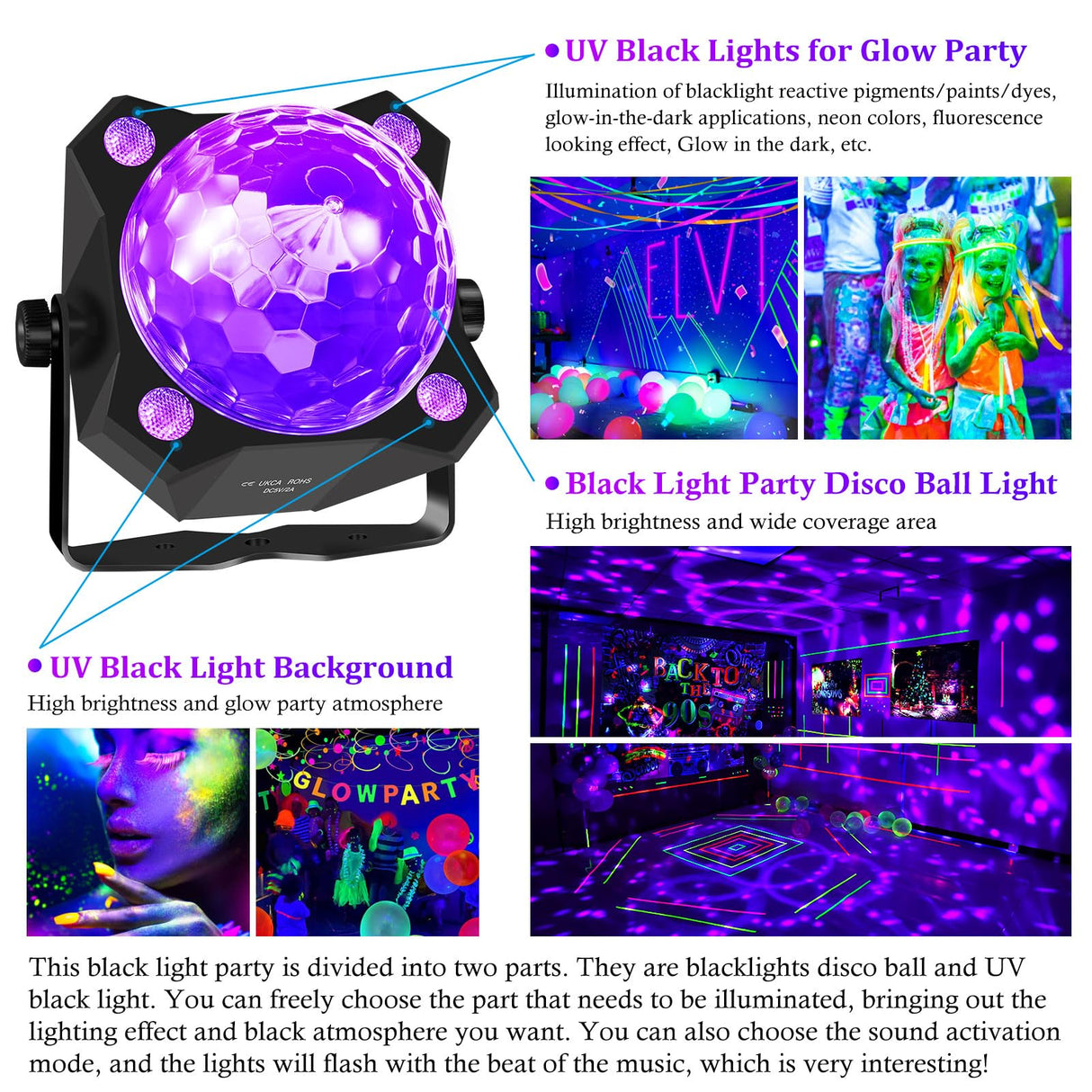 DJPTYGCK 2 in 1 Glow Party Black Light Disco Ball Light with Sound Activated Strobe Dj Party Lights Black Lights, for Halloween Christmas Birthday Decor Classroom Room Family Party Decor