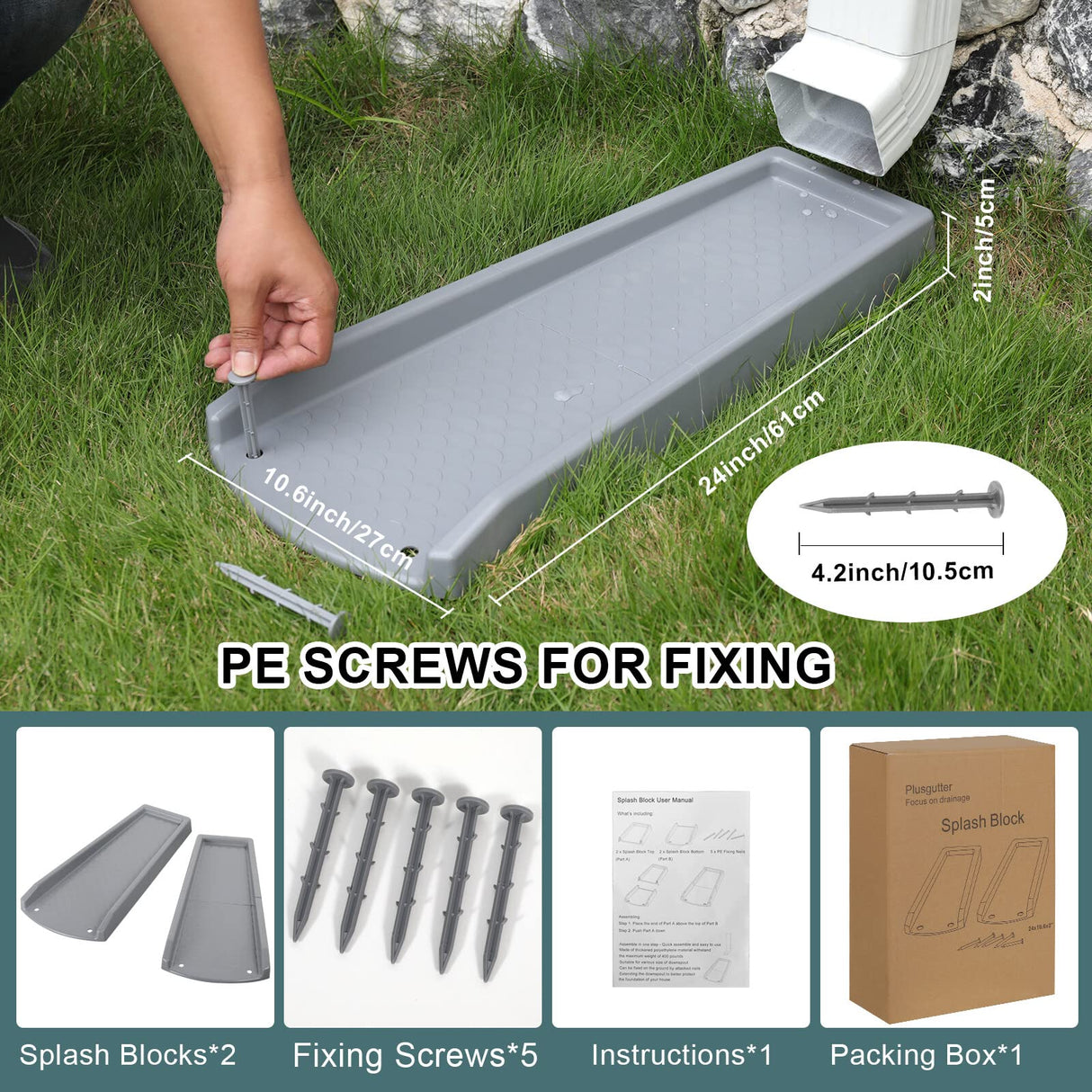 plusgutter Rain Gutter Downspout Splash Block, Gutter Downspout Extensions for Water Drainage, 24" Gutter Splash Guards Downspout Extender, Fixable Down spout Drain Trays with PE Nails(2 Pack, Gray)