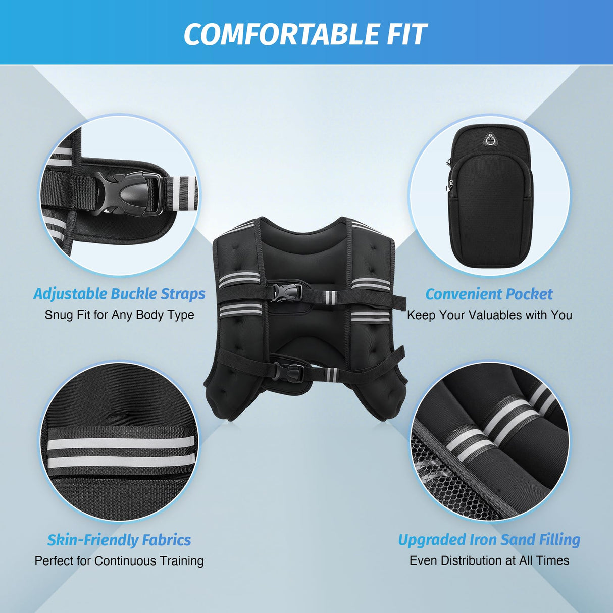 ZELUS Weighted Vest, 6lb/8lb/12lb/16lb/20lb/25lb/30lb Weight Vest with Reflective Stripe for Workout, Strength Training, Running, Fitness, Muscle Building, Weight Loss, Weightlifting, Black(25 lb)