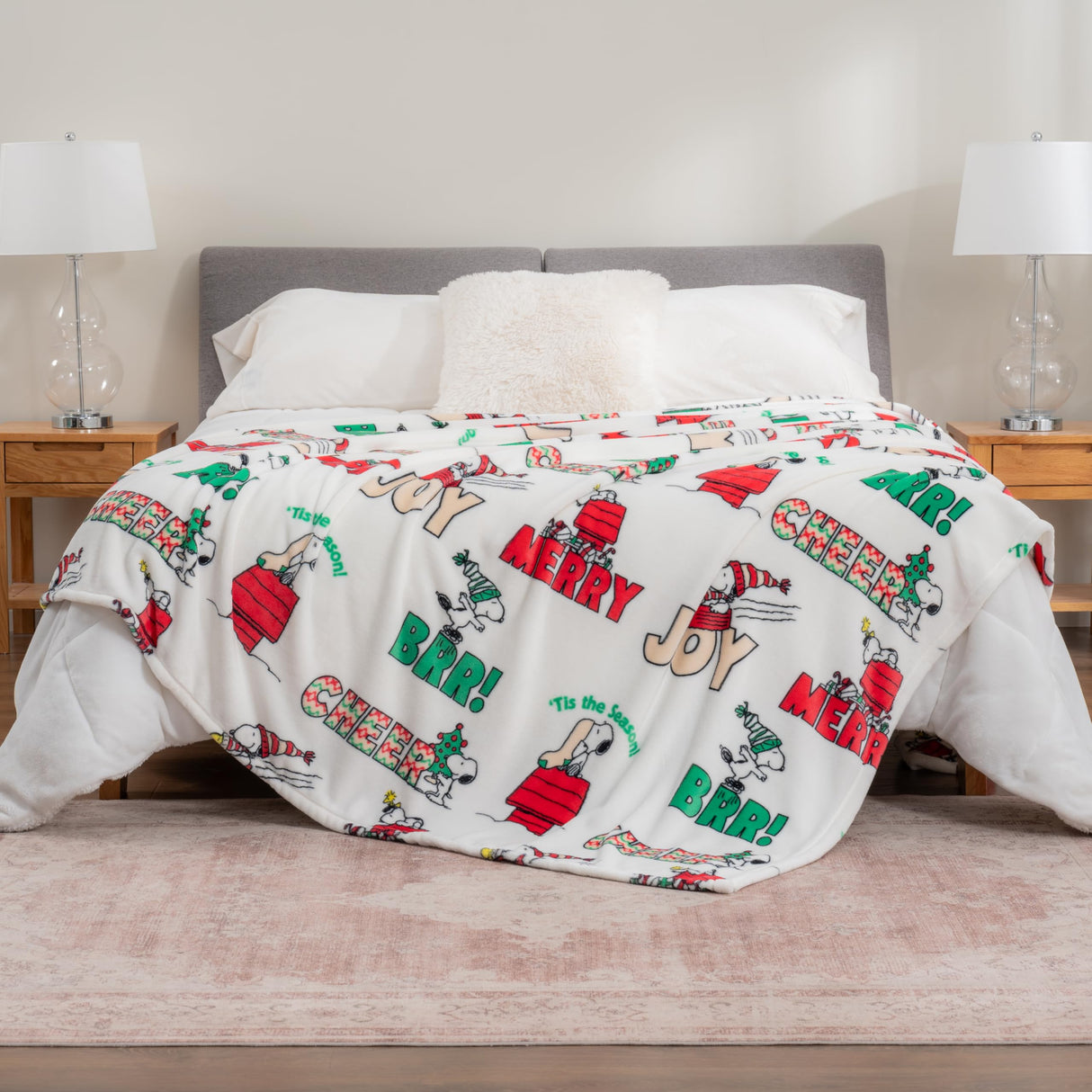 Berkshire Blanket Peanuts® VelvetLoft® Cute Character Snoopy Plush Blanket,Christmas Snowy Scene,King 90 in x 108 in (Official Peanuts® Product)