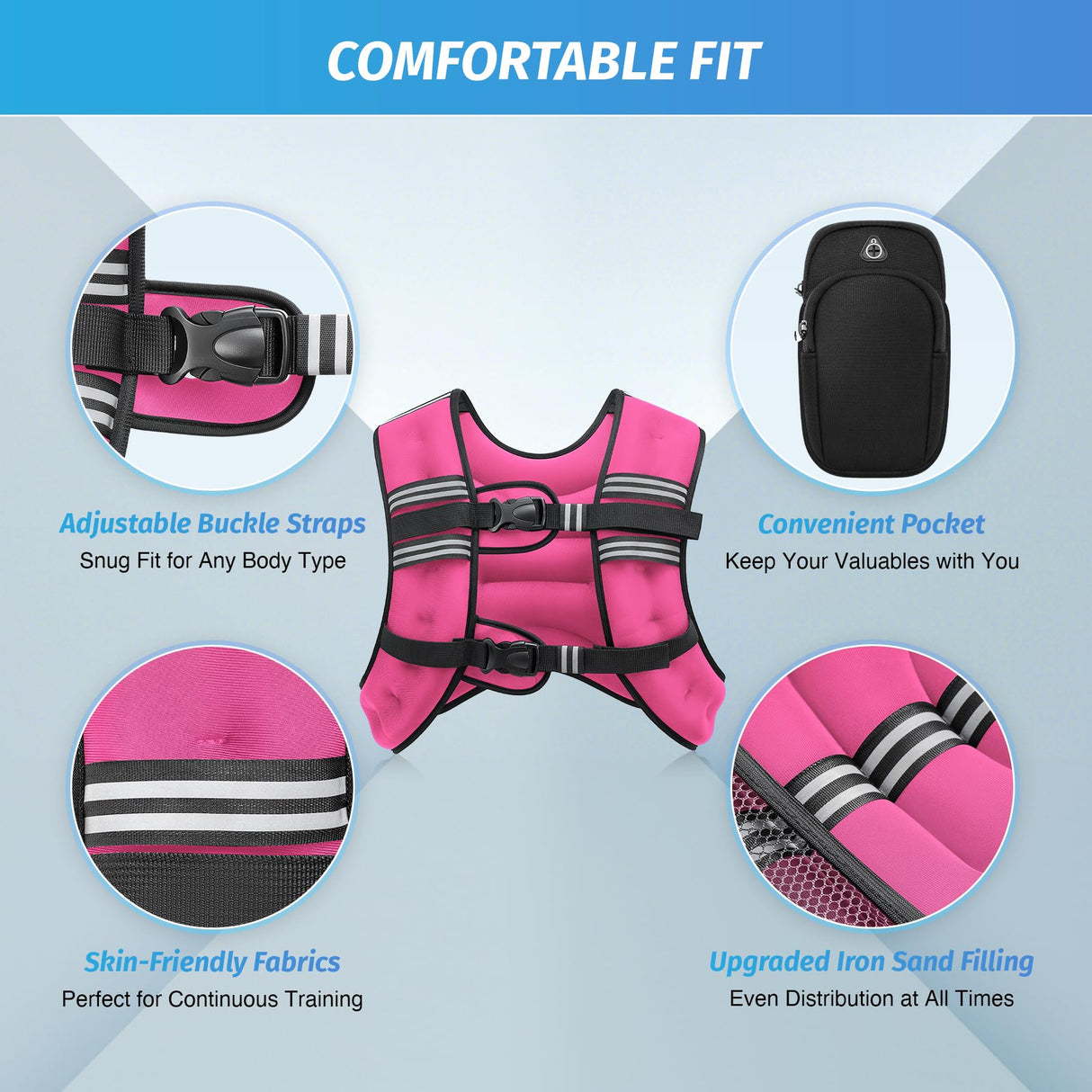 ZELUS Weighted Vest, 6lb/8lb/12lb/16lb/20lb/25lb/30lb Weight Vest with Reflective Stripe for Workout, Strength Training, Running, Fitness, Muscle Building, Weight Loss, Weightlifting, Pink(16 lb)