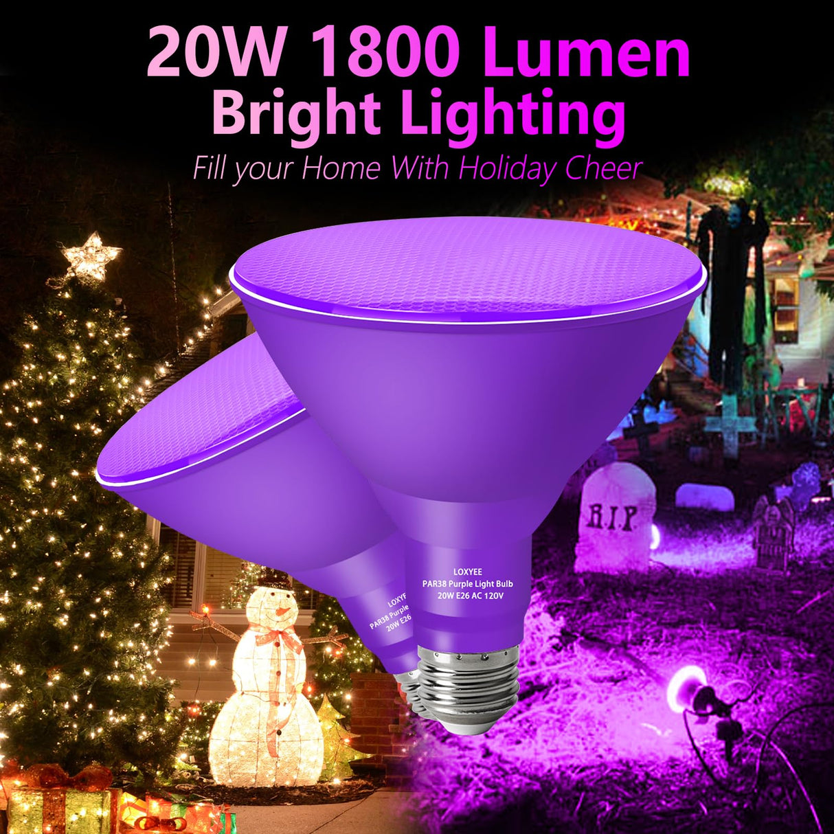 LOXYEE PAR38 Flood Purple Light Bulbs,4 Pack Dimmable,E26 Base Purple Flood Light Outoor(20W Replace to 200W),Halloween Light Bulb for Outside,Christmas,Holiday Lighting