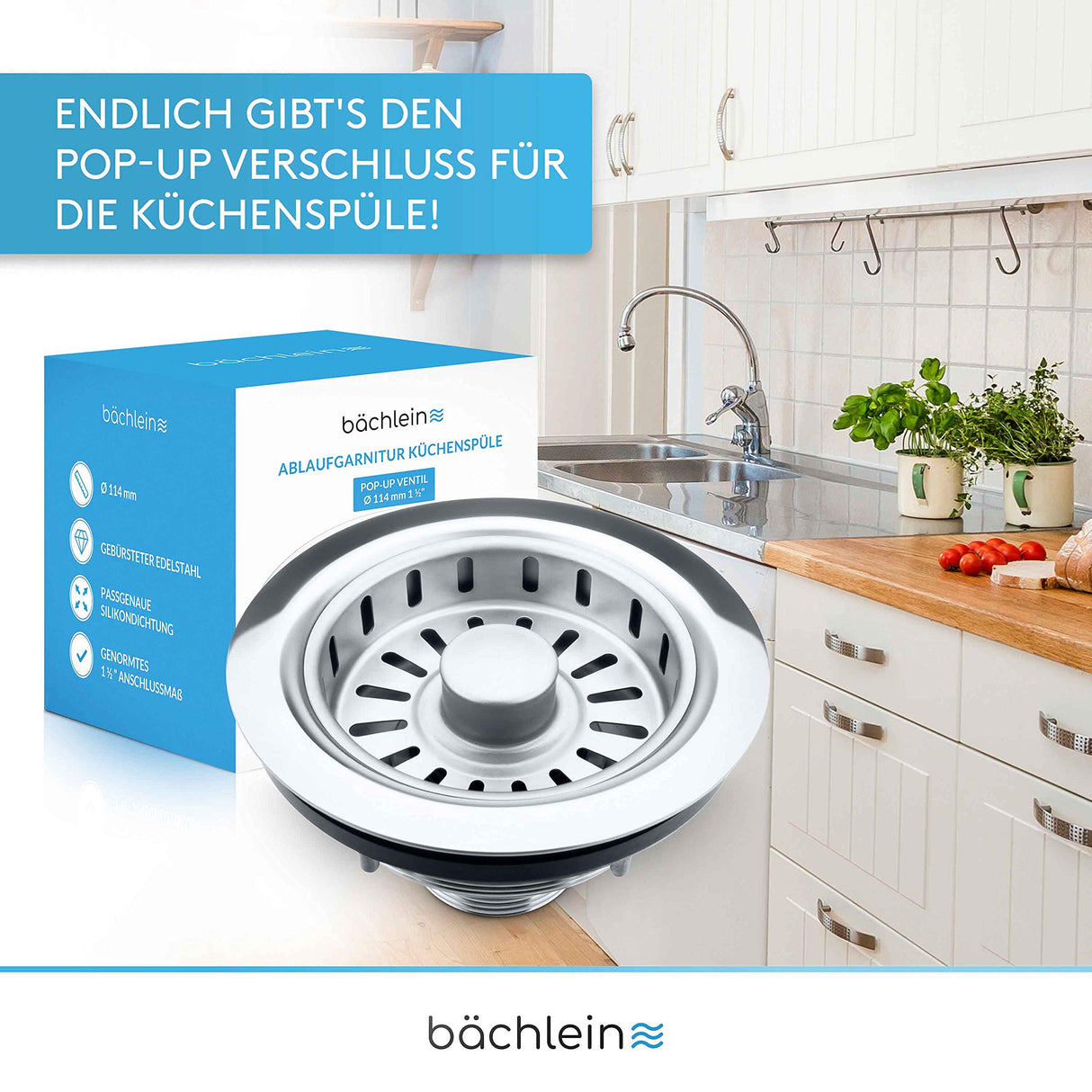 Bächlein Sink Drain Set (WITH OVERFLOW Universal Size Ø 114, Polished Stainless Steel)