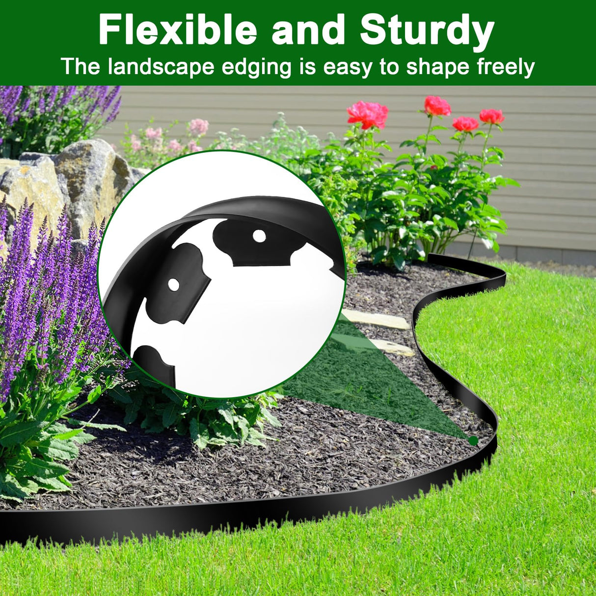 Landscape Edging, 2 Inch Tall 33 Ft No Dig Landscape Garden Edging Border Kit with 50 Anchoring Spikes, Plastic Garden Border for Landscaping Flower Bed Lawn Yard Grass Paver Pathway Walkway, Black