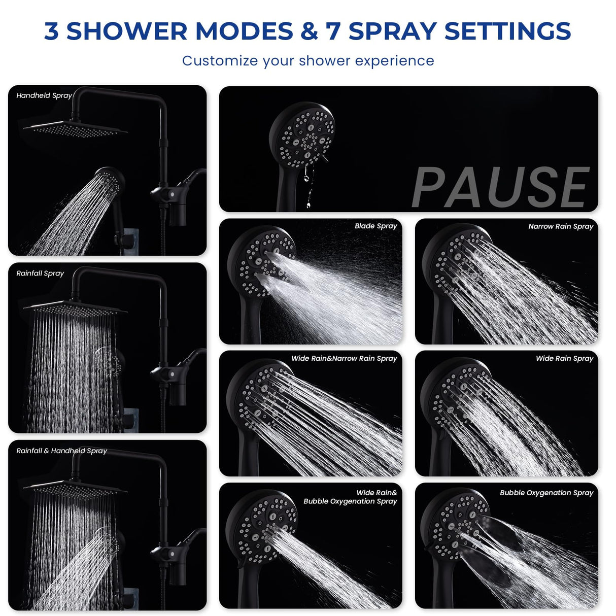 Ryamen Upgraded Dual Shower Heads Combo, 10 inch Filtered Shower Head with Handheld, 3-Way Rain Shower Head with Filters, 7 Settings Handheld Spray, High Pressure, Height Adjustable (Black)