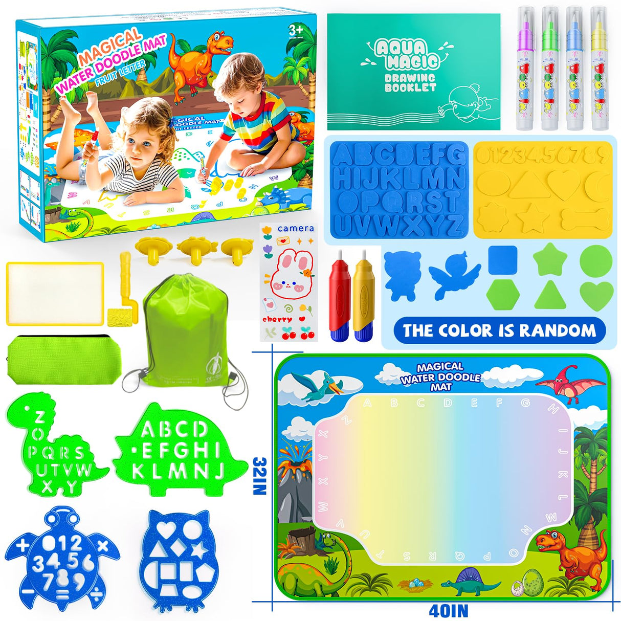 Water Doodle Mat for Kids 32x40 Inch, Mess Free Coloring Mat Educational Toy for 3 4 5 6 7 8 Years Old Girls & Boys, Neon Color Mat Doodle Board Writing Drawing Toys Holiday Christmas Birthday Gifts