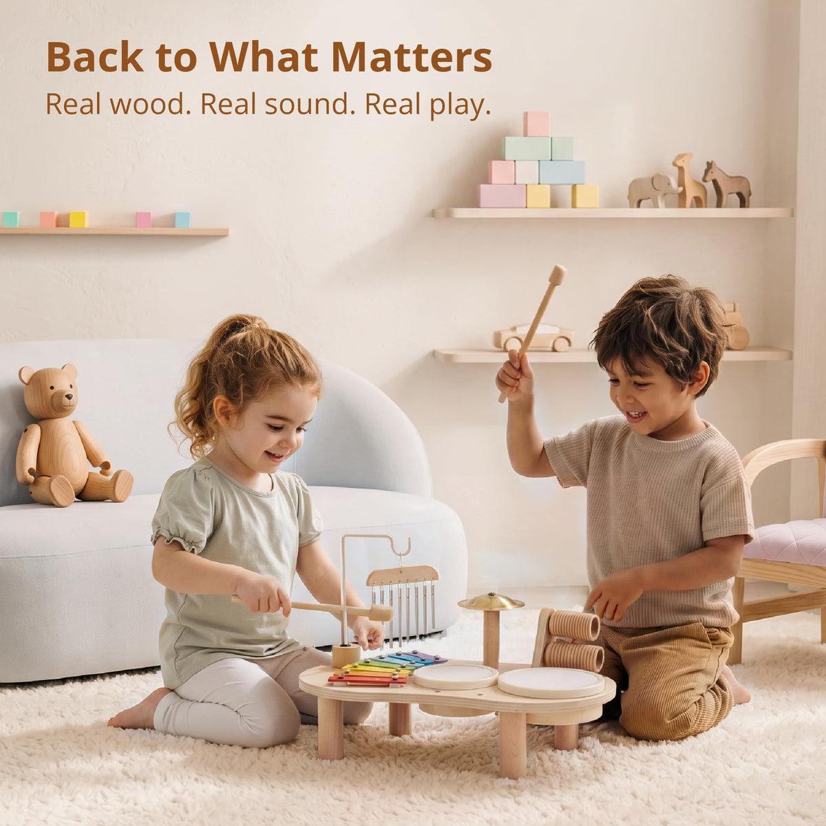 Wooden Drum Set for Toddlers 1-3, Montessori Musical Toy for Kids