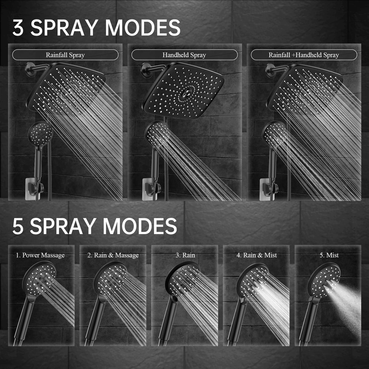 Veken 11.8 Inch Rain Shower Head with Handheld- High Pressure Dual Shower Heads with 5 Modes Handheld Spray Combo- Wide Rainfall Showerhead with Hose, Bathroom Accessories, Matte Black