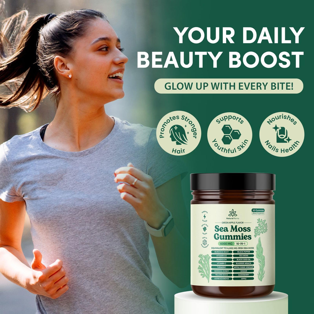 Natural Rems Sea Moss Gummies 16-in-1 - Ashwagandha Black Seed Oil Bladder Wrack Turmeric Vitamin C & D3 with Manuka Burdock Root Dandelion Yellow Dock Elderberry Apple Cider Vinegar (Green Apple)