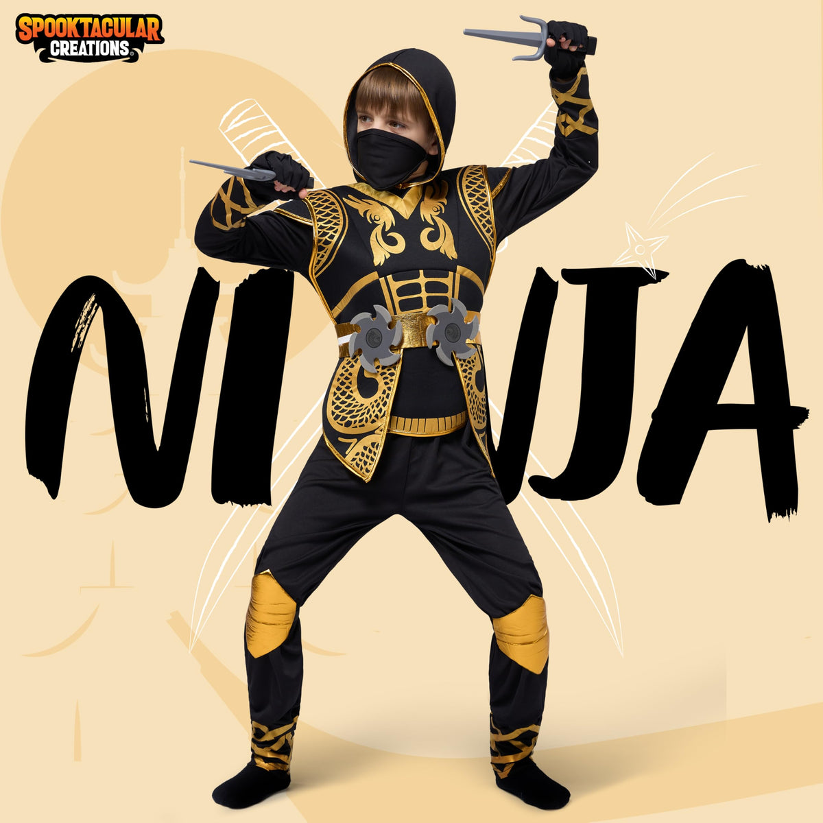 Spooktacular Creations Golden Ninja Costume Set, Ninja Jumpsuit with Foam Accessories for Kids, Toddler Halloween Outfit for Ideas Cosplay Party (Medium, 8-10 yrs)