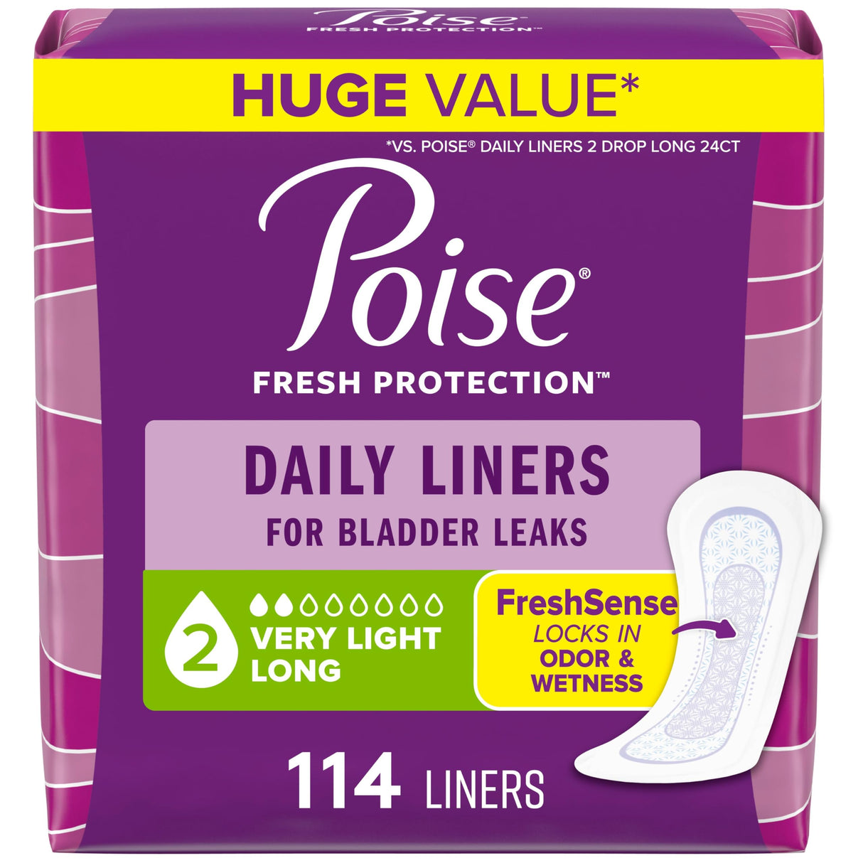 Poise Daily Liners, Incontinence Panty Liners, 2 Drop Very Light Absorbency, Long Length, 114 Count of Pantiliners, Packaging May Vary