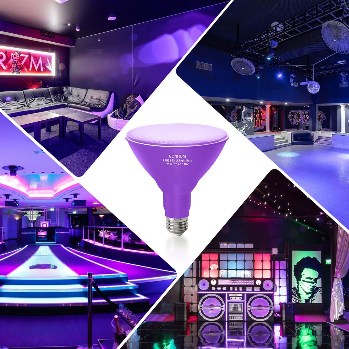 Gonhom 2 Pack Par38 Black Light Bulbs Outdoor,20W Black Flood Light Replace to 200W,1000LM E26 Base Blacklight Bulbs Outdoor for Halloween Light Bulbs,Christmas Party Decor,Home Lighting