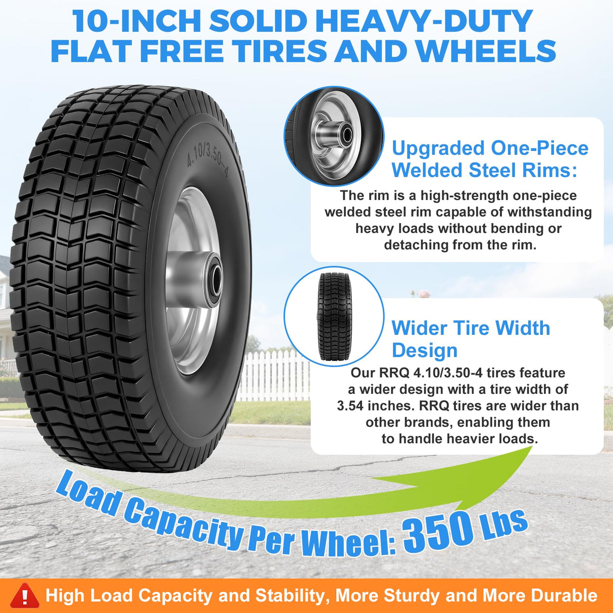 RRQ 4.10/3.50-4 Flat Free Tire and Wheel, 10" Heavy Duty Solid Tire, 2 Pack