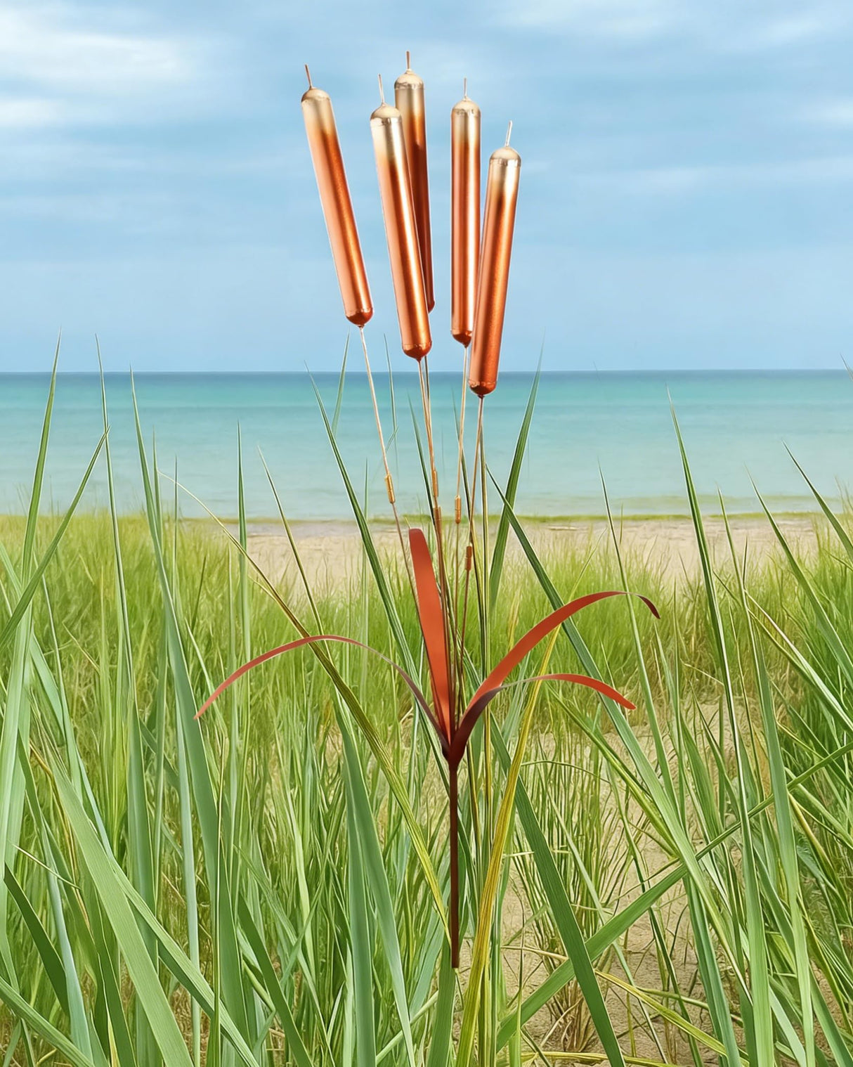43“ Cattail Wind Chimes Stake Outdoor Decor – Plated Copper Metal Yard Cattail Plant Art Poles for Garden Patio