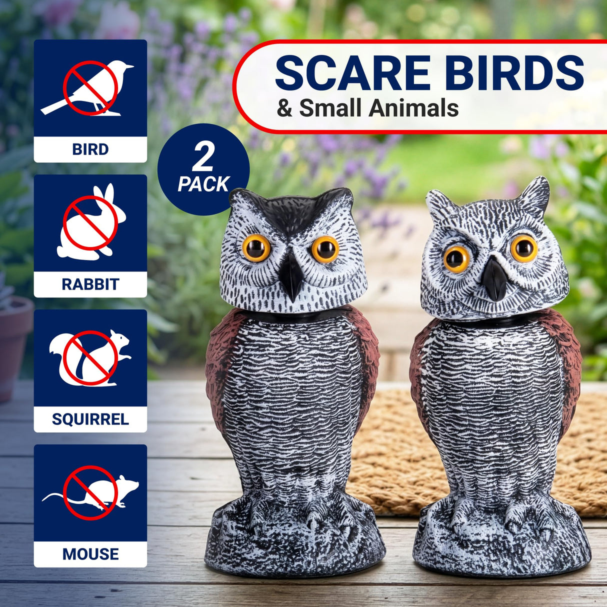 Arrigo Fake Owl Decoys to Scare Birds Away – 2pc Wind-Driven Rotating Head – Plastic Owl Statue Scarecrows – Realistic Deterrent for Critters & Squirrels - Garden, Patio, Boats, and Yard Decor