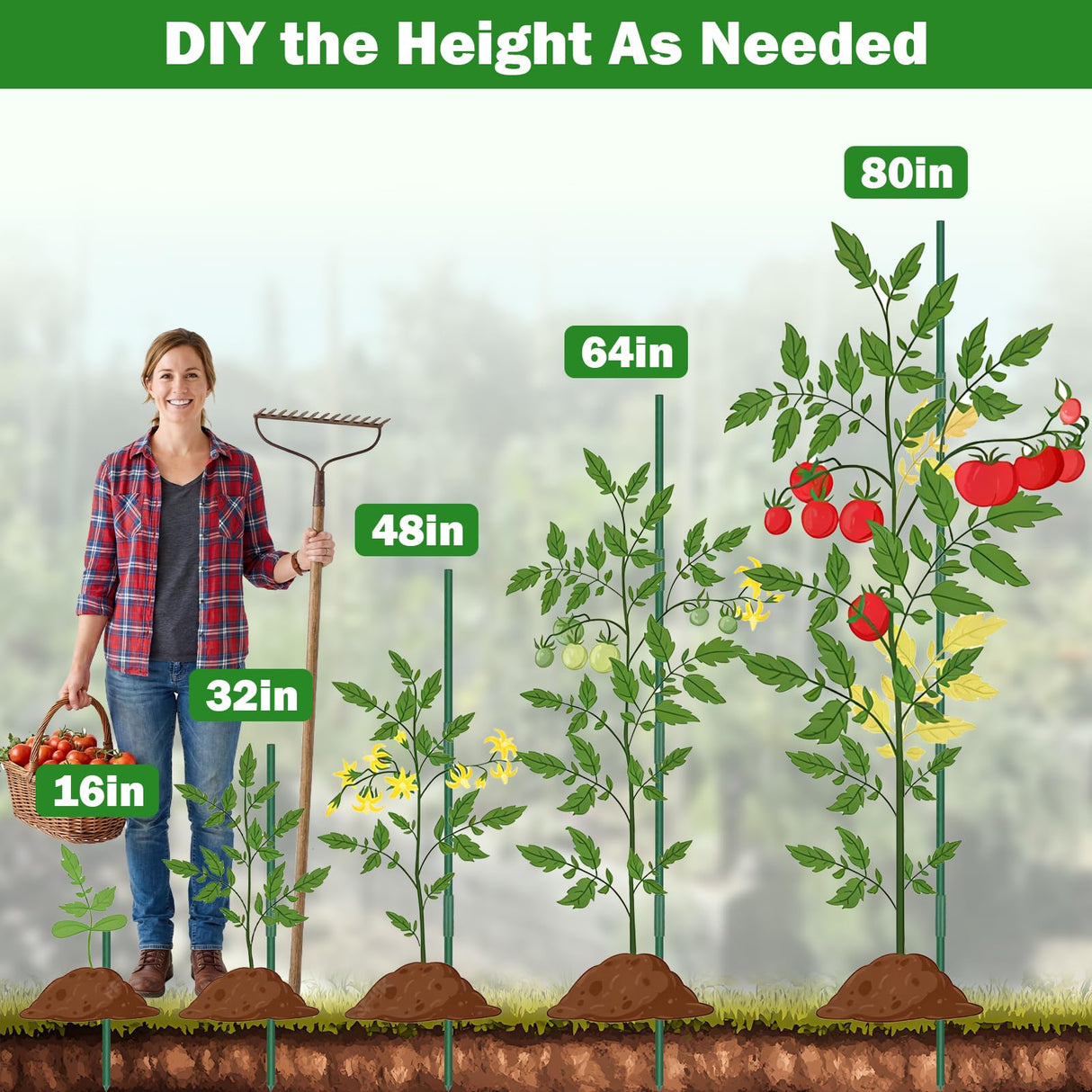 Tegarbed Garden Stakes 40 Pack, 16 Inch Plastic Coated Metal Tomato Stakes, DIY 4ft 5ft 6ft 7ft Plant Support Stakes with 28 Connectors 28 Rotatable Clips 28 Plant Clips for Indoor Outdoor Vegetables