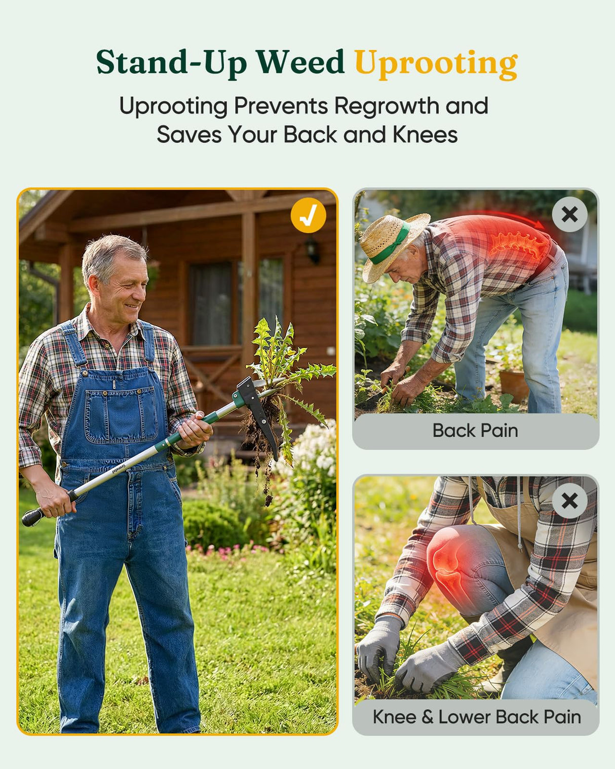 Grenebo Stand Up Weed Puller Tool, Claw Garden Weed Removal Tool with Eject Mechanism, Heavy-Duty Manual Weeder, Root Weed Remover Tool for Dandelion, Crabgrass & Weeds, Without Bending, or Kneeling