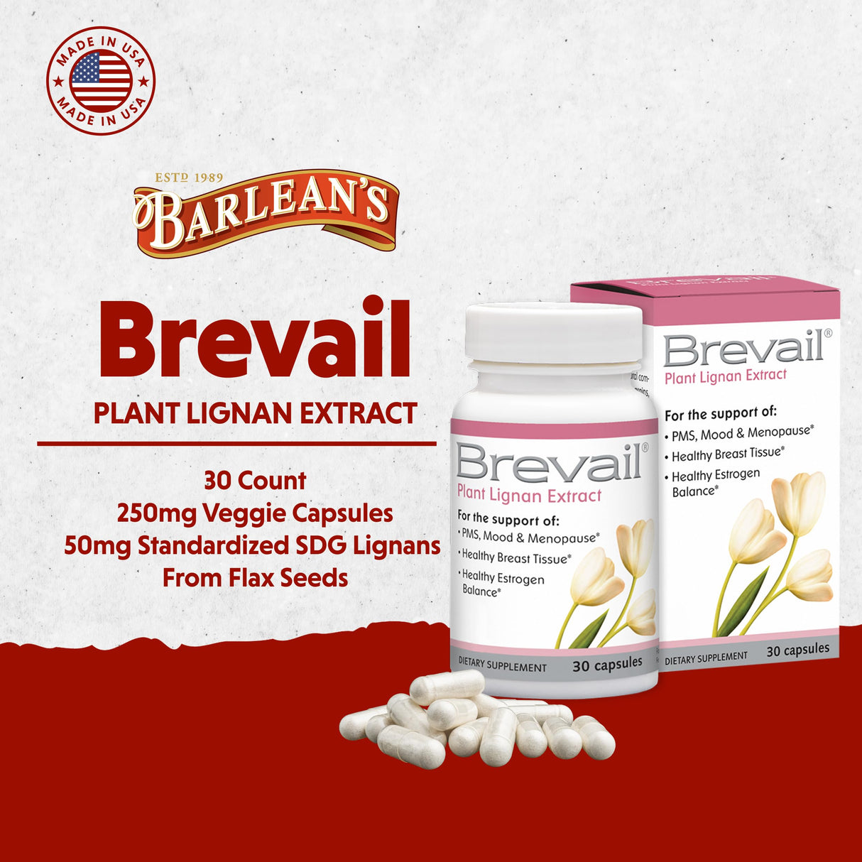 Brevail Plant Lignan Extract Capsules, Proactive Breast Health Supplement with 50 mg SDG Lignans from Flax Seed Hulls for Healthy Estrogen Balance and PMS Mood Support Pills, 30 Count