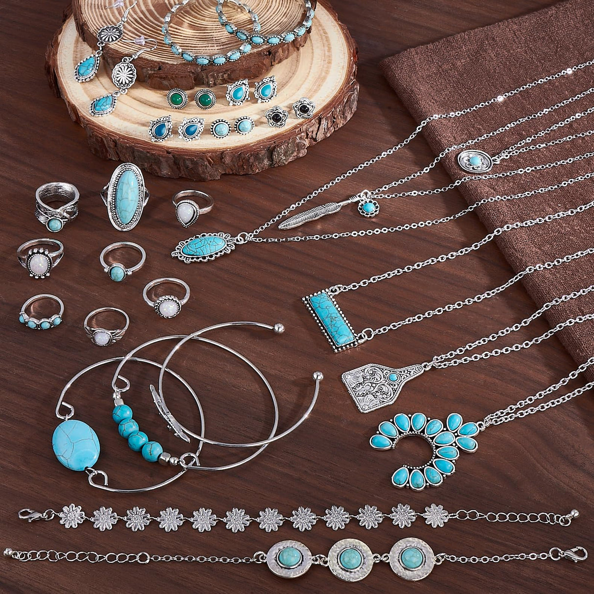 MEDOJO 26 Pcs Boho Jewelry Set for Women Bohemian Layered Western Necklace Stackable Turquoise Ring Turquoise Hoop Dangle Earrings Studs