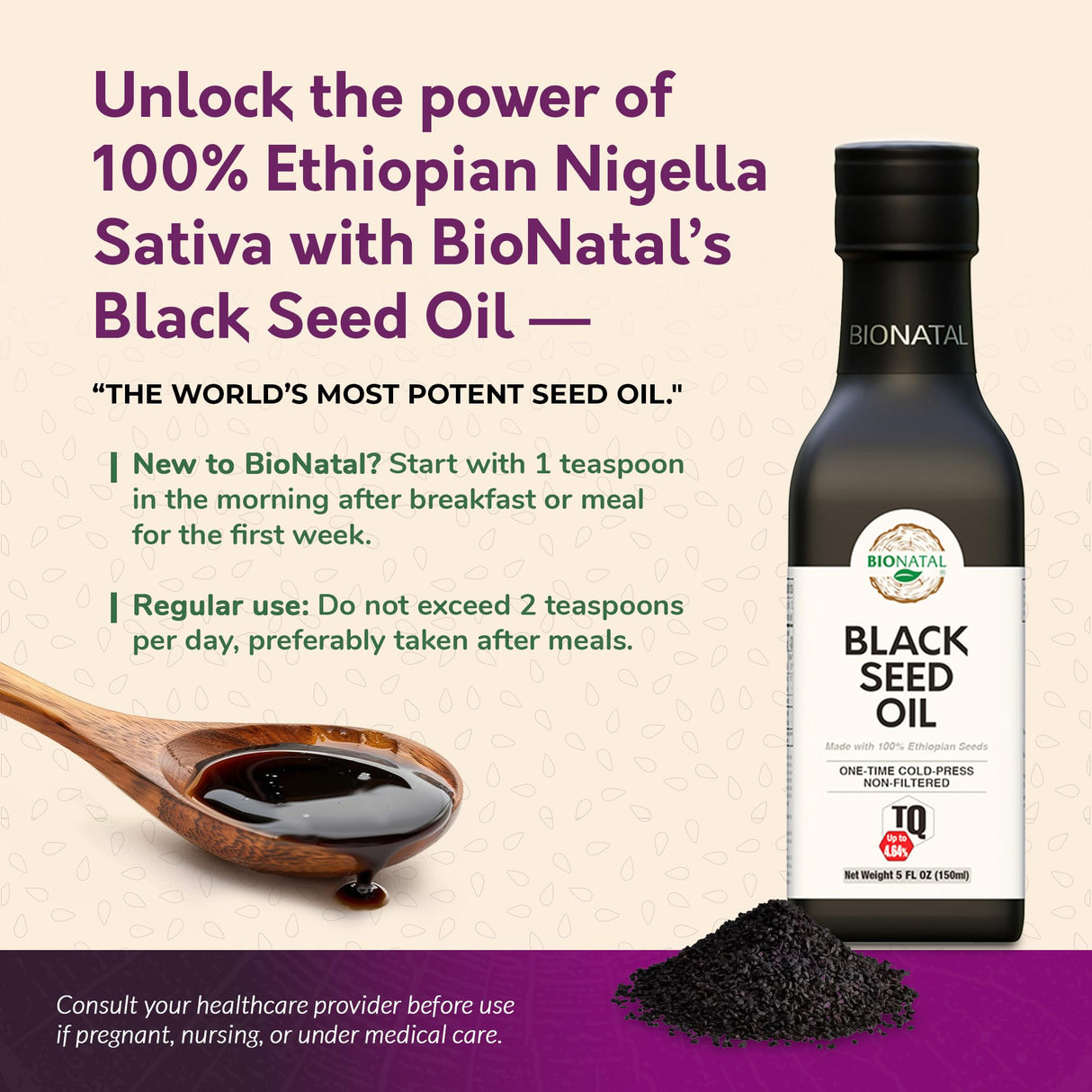 BioNatal Ethiopian Black Seed Oil 5oz Glass– Cold Pressed Nigella Sativa Producing Black Cumin Seed Oil, Unrefined & Non-Filtered, High TQ Up to 4.64% – Supports Immune System, Digestion & Joints
