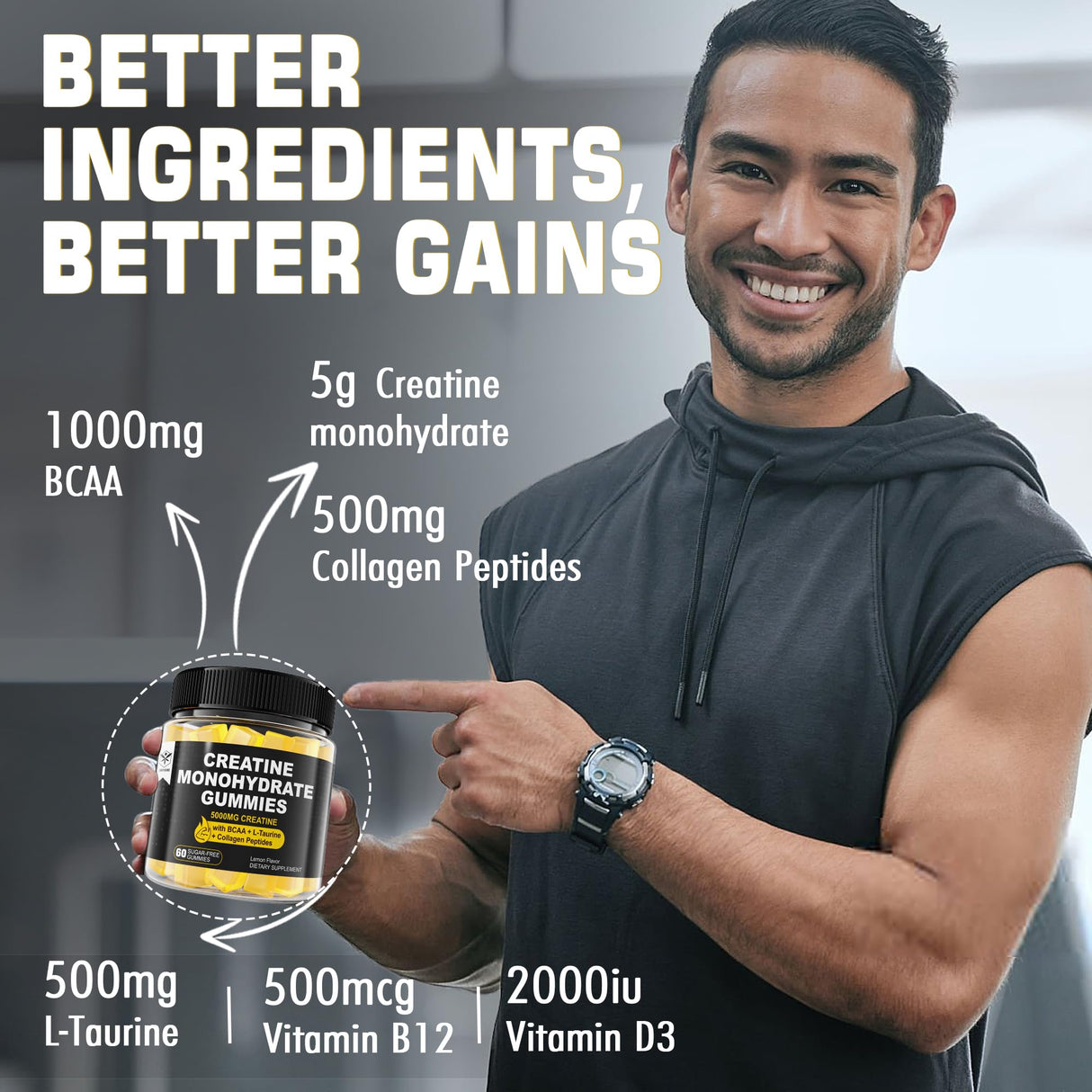 Creatine Monohydrate Gummies for Men & Women - with BCAA, Collagen Peptides, L-Taurine, Vitamin B12, D3, Chewables Creatine Monohydrate 5g Per Serving, Natural Lemon Flavor, Sugar Free, 2 Pack