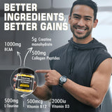 Creatine Monohydrate Gummies for Men & Women - with BCAA, Collagen Peptides, L-Taurine, Vitamin B12, D3, Chewables Creatine Monohydrate 5g Per Serving, Natural Lemon Flavor, Sugar Free, 2 Pack