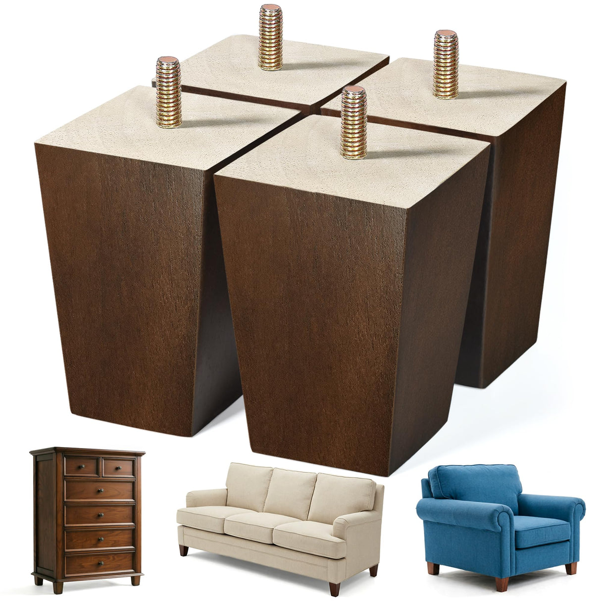 AORYVIC Wood Furniture Legs, 4 inch Sofa Legs, Square Couch Legs Pack of 4, Wood Legs for Table w/Pre-drilled Hanger Bolt