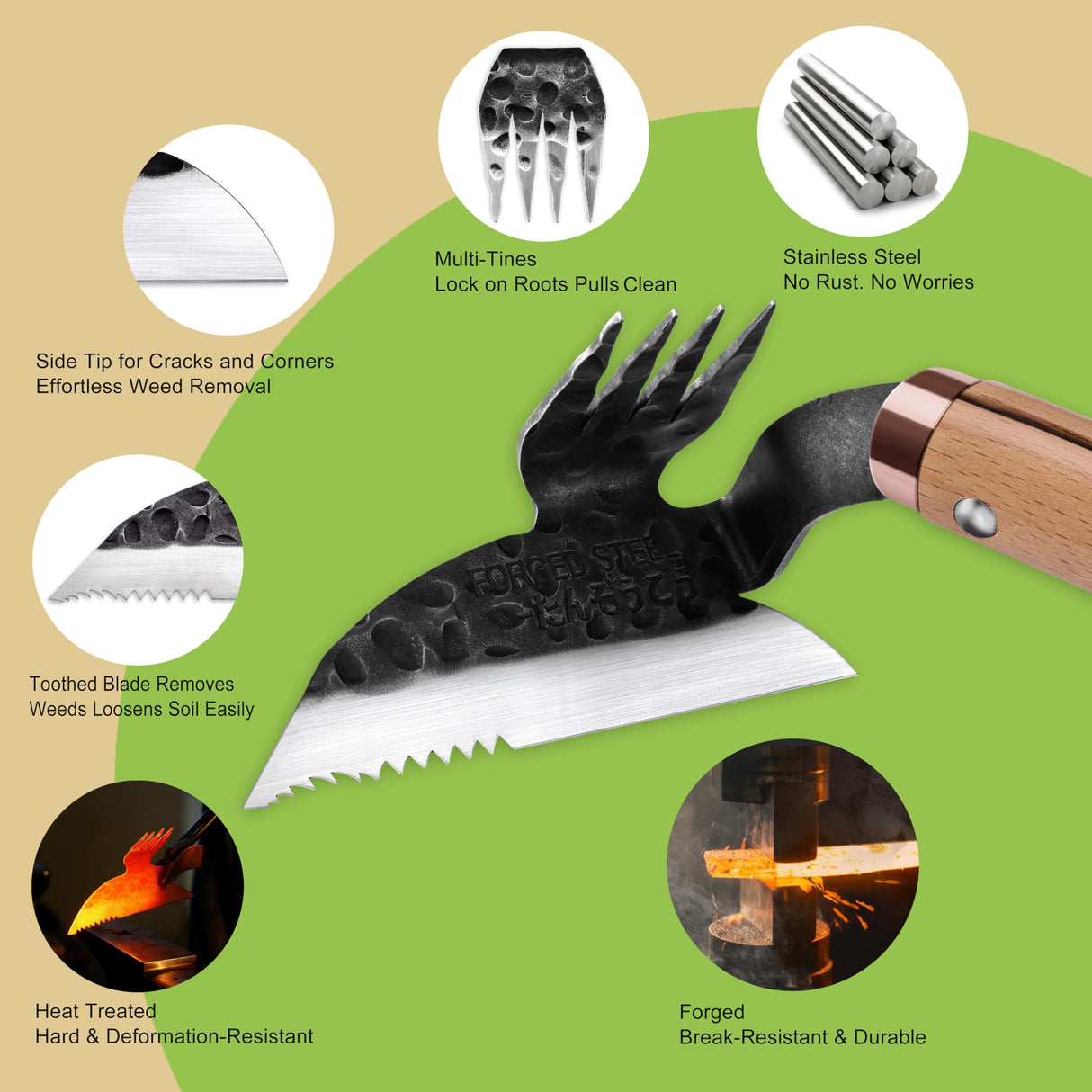 AON Japanese Weeding Sickle & Hand Hoe, 4-Tine Uprooting Garden Tool