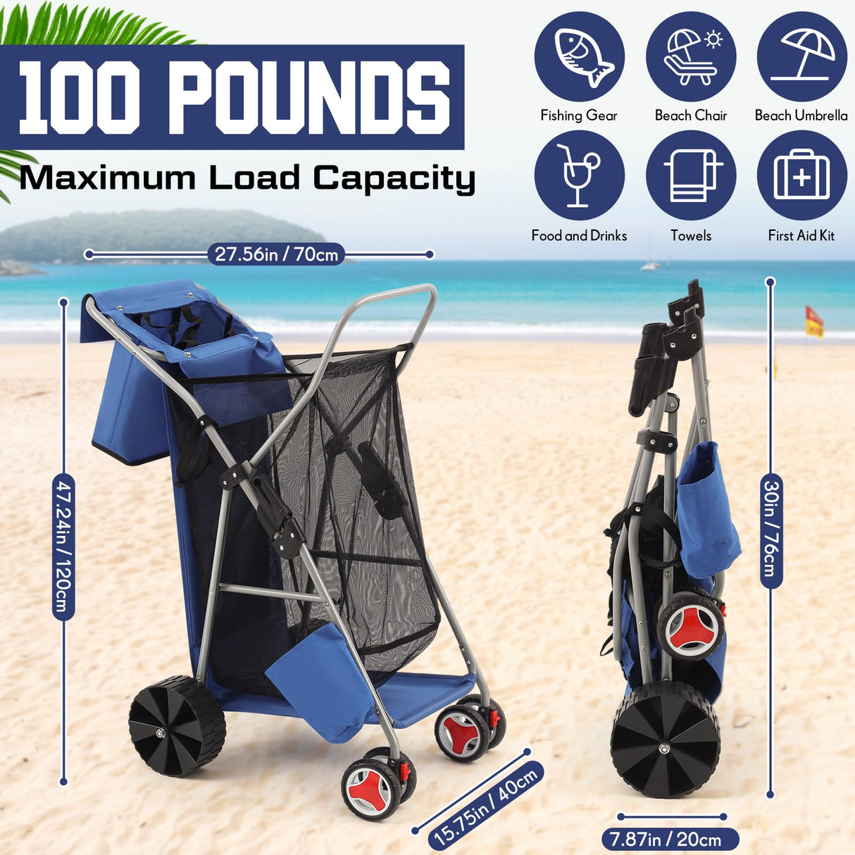 DoubleFill Beach Cart with Big Wheels for Sand, Foldable Beach Wagon Buggy with Surfboard Holder, Removable Tote and Aluminum Frame, Wide Wheel for Chairs, Cooler, Camping, Picnic Outdoor(Blue)