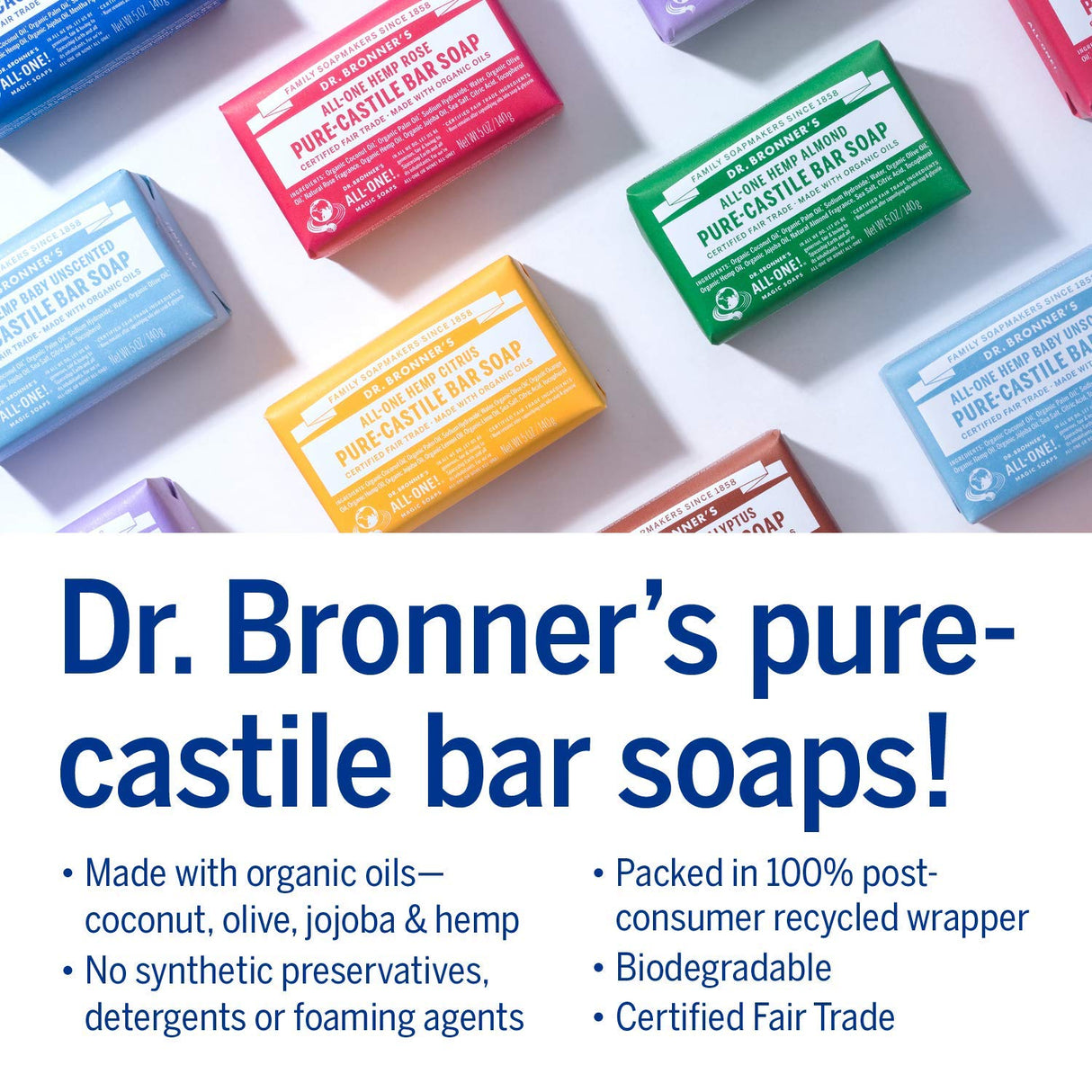 Dr. Bronner's - Pure-Castile Bar Soap (Peppermint, 5 Ounce, 12-Pack) - Made with Organic Oils, For Face, Body & Hair, Gentle & Moisturizing, Biodegradable, Vegan, Cruelty-free, Non-GMO