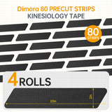 Dimora Kinesiology Tape, 80 Count Precut Strips 4 Rolls, Original Cotton, 10” Elastic Athletic Tape for Muscle Pain Relief and Joint Support, Black