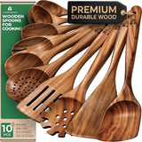Wooden Spoons for Cooking – 10 Pcs Non Toxic Teak Kitchen Utensils Set