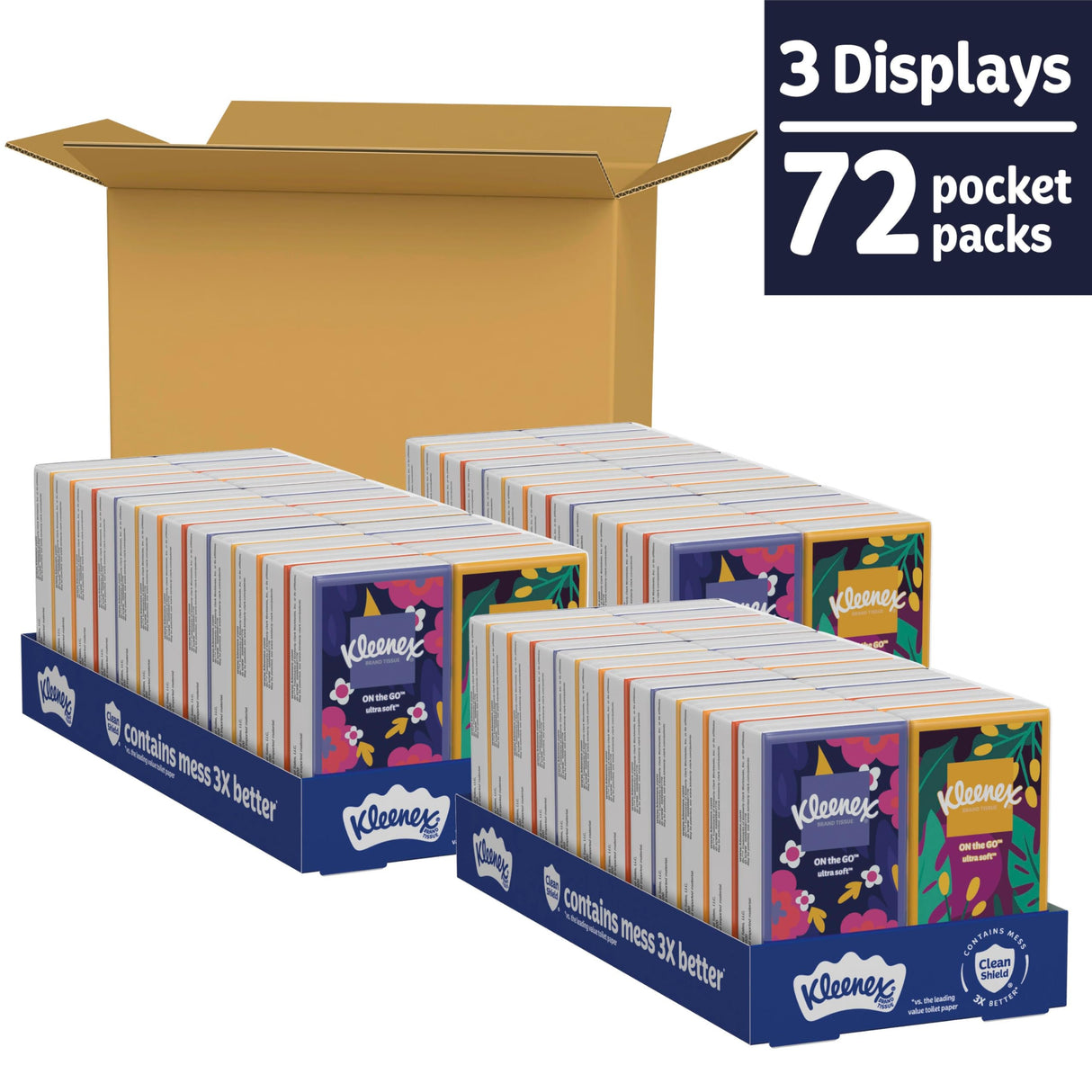 Kleenex On-The-Go Facial Tissues, 72 On-The-Go Packs (3 Trays of 24 Packs), 10 Tissues per Box (720 Total), 3-Ply, Packaging May Vary