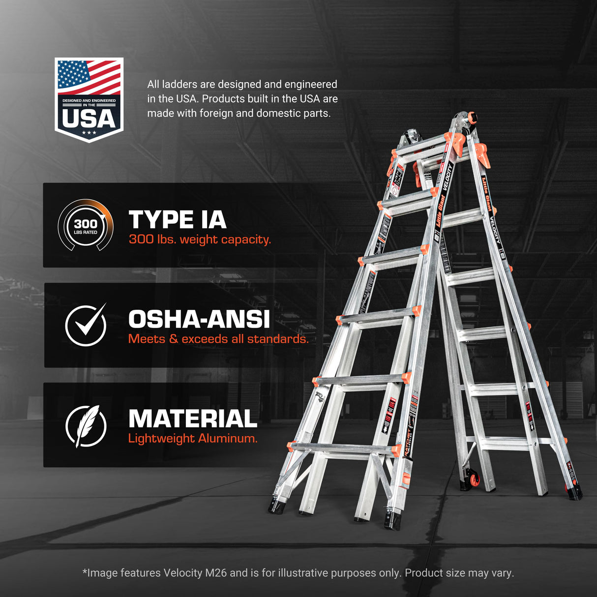 Little Giant Velocity M18 Multi-Position Aluminum Ladder, A-Frame, Extension, 90-Degree and Trestle Modes, Lightweight with Slip-Resistant Feet and Wheels, 300 lb. Type IA, 18-Ft Reach, 15417-001