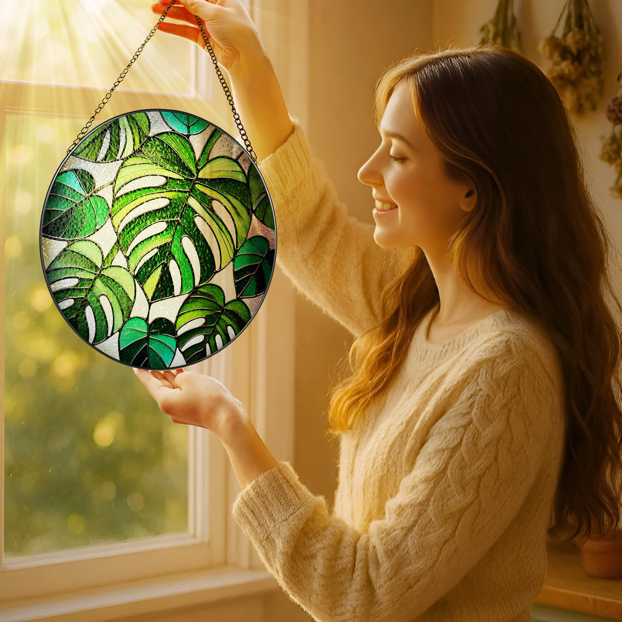 Stained Glass Window Hanging, 8 Inch Monstera Plant Stained Glass Suncatcher, Plant Sun Catcher, Plant Lover Decor, Plant Lover Gifts, Mother's Day, Birthday, Housewarming, Christmas, Festival Gifts