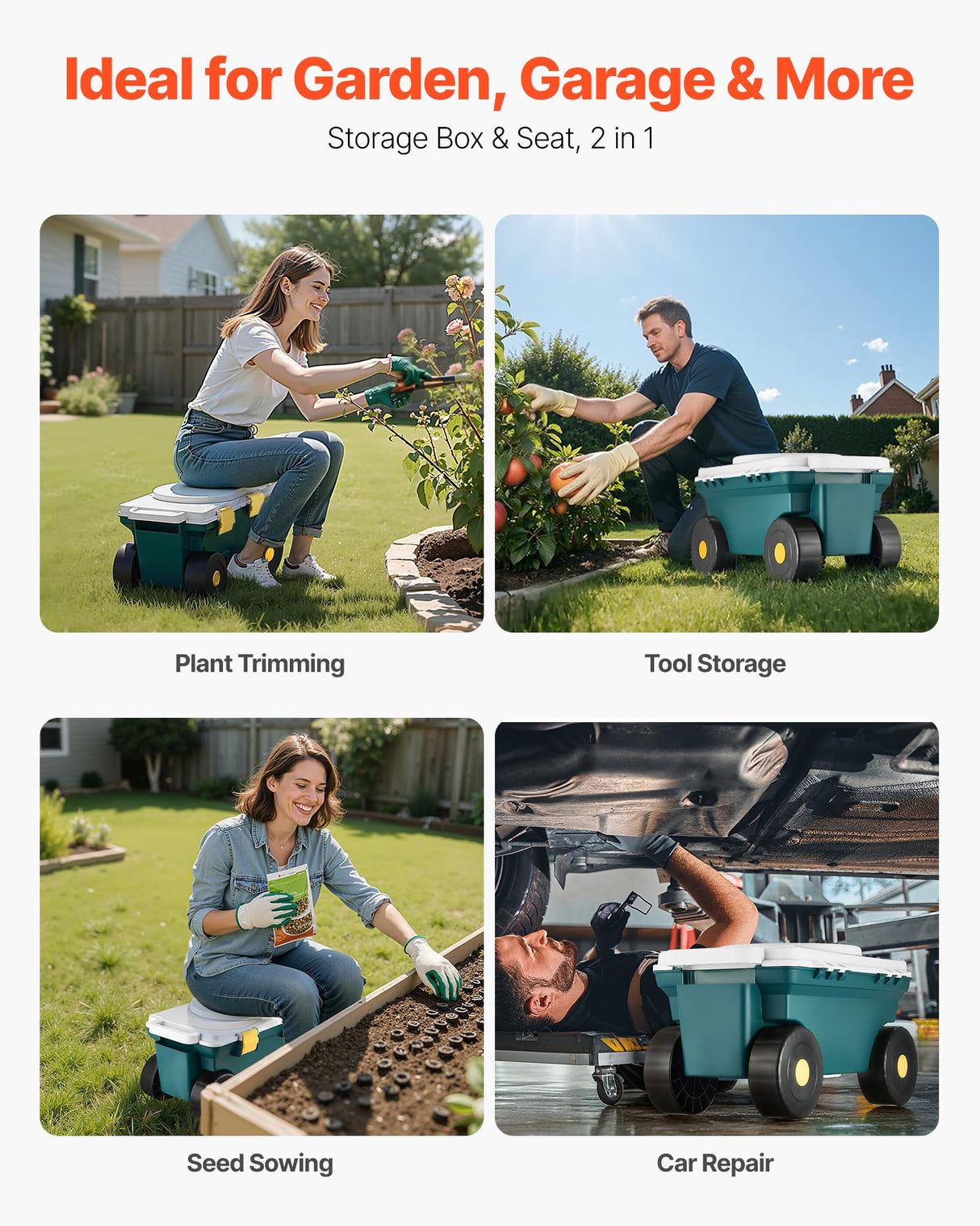VEVOR Small Garden Seat, 2 in 1 Rolling Garden Cart with Storage Bin, Supports up to 227 lbs, Compact Outdoor Garden Scooter with Handle, Garden Stool for Yard Weeding Planting