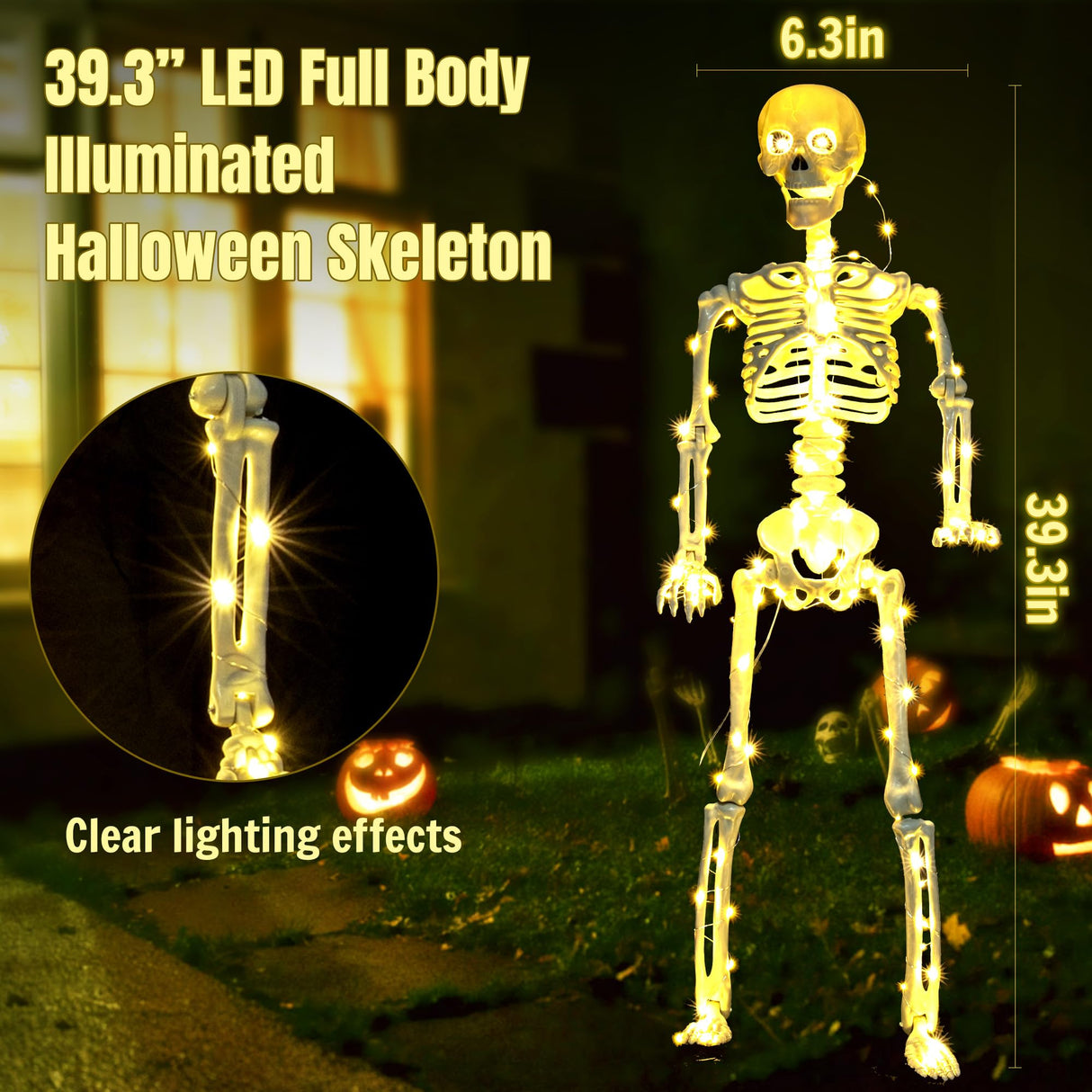 wymulot 2 Pack 40 Inches Plug Operated 400 LED Light Up Halloween Skeleton Full Body Posable Movable Jonints for Halloween Decoration Décor