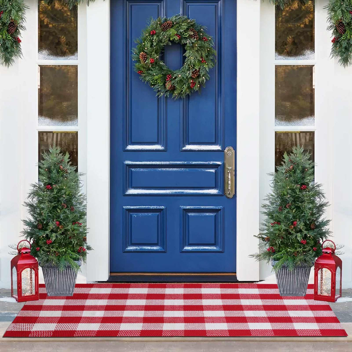 Christmas Red and White Plaid Rug 3 x 5 Ft, Hand-Woven Indoor/Outdoor Layered Cotton Blend Buffalo Plaid Rug, Washable Front Door Mat, Perfect for Porch, Living Room, Entryway