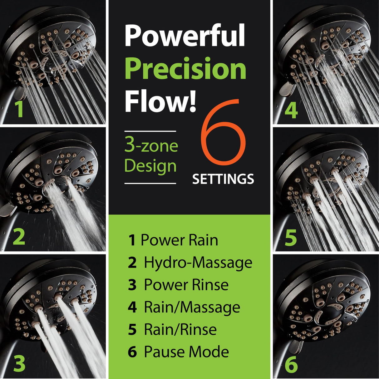 AquaDance High Pressure 6-Setting Oil Rubbed Bronze Handheld Shower Head with Stainless Steel Hose. Officially Independently Tested to Meet Strict US Quality & Performance Standards!