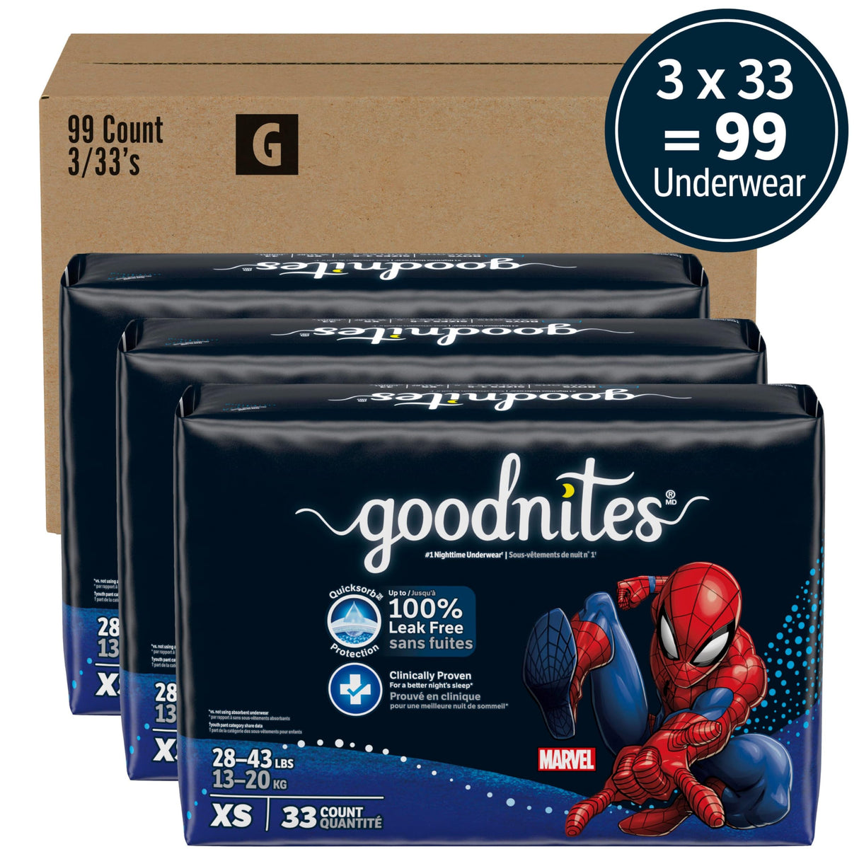 Goodnites Nighttime Bedwetting Underwear, Boys' XS (28-43 lb.), 99 Ct (3 Packs of 33), Packaging May Vary