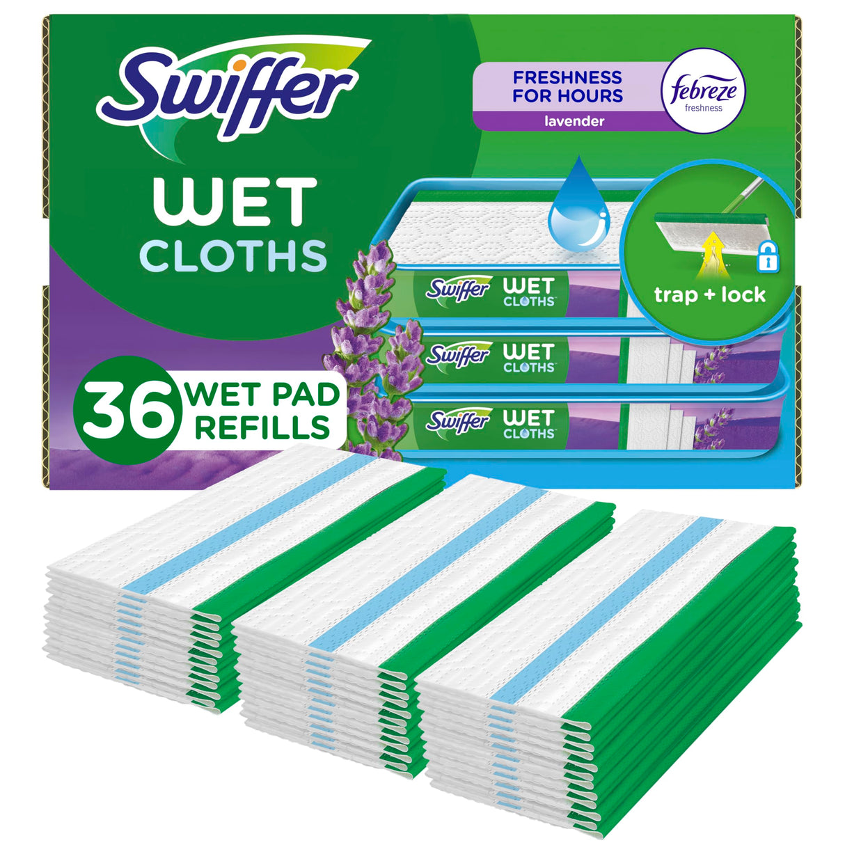 Swiffer Sweeper Wet Mopping Cloth Multi Surface Refills, Mops for Floor Cleaning, Febreze Lavender Scent, 36 Count