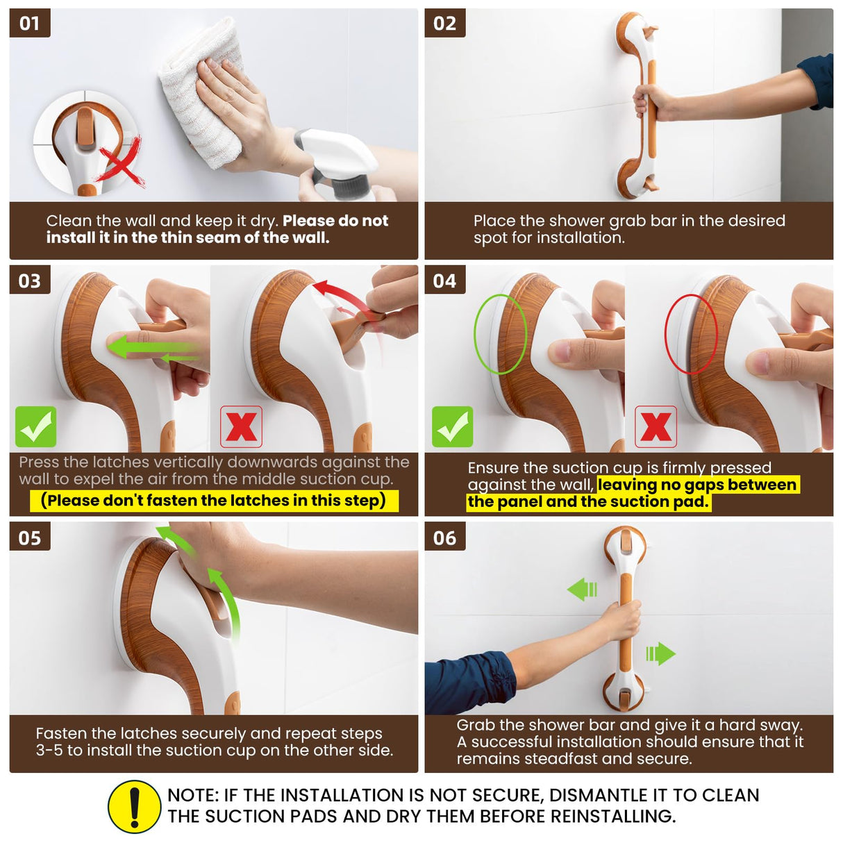 TAILI Grab Bars for Bathtubs and Showers 2 Pack Suction Grab Bar, Heavy Duty Shower Handle Removable Bath Handrails for Seniors and Elderly, Bathroom Safety Grip No Drilling Waterproof,Wood Grain